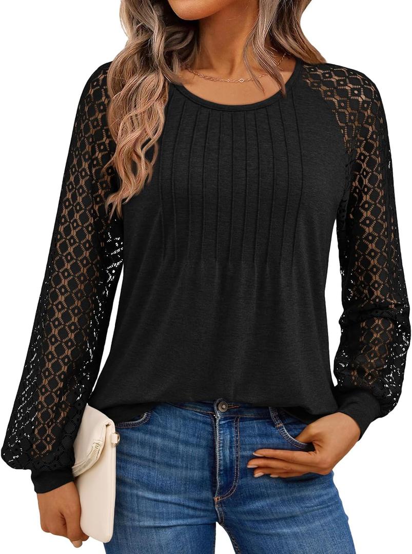 AUTOMET Womens Long Sleeve Shirts Business Casual Dressy Tops Lace Crewneck Work Trendy Fall Fashion Outfits Clothes (Black, XL)
