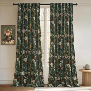 StangH Green Floral Curtains 84 inches Long, Vintage Flower Painting Printed Velvet Drapes Back Tab Thermal Insulated Gothic Classic Home Decor for Nursery, W52 x L84, 2 Panels