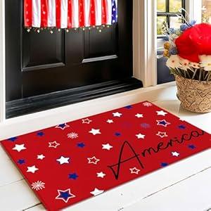 Patriotic 4th of July Doormat Red Stars, Independence Day Home Decor Memorial Day Doormat Anti-Slip Rubbe for Indoor Outdoor Decorations 17x29 Inch
