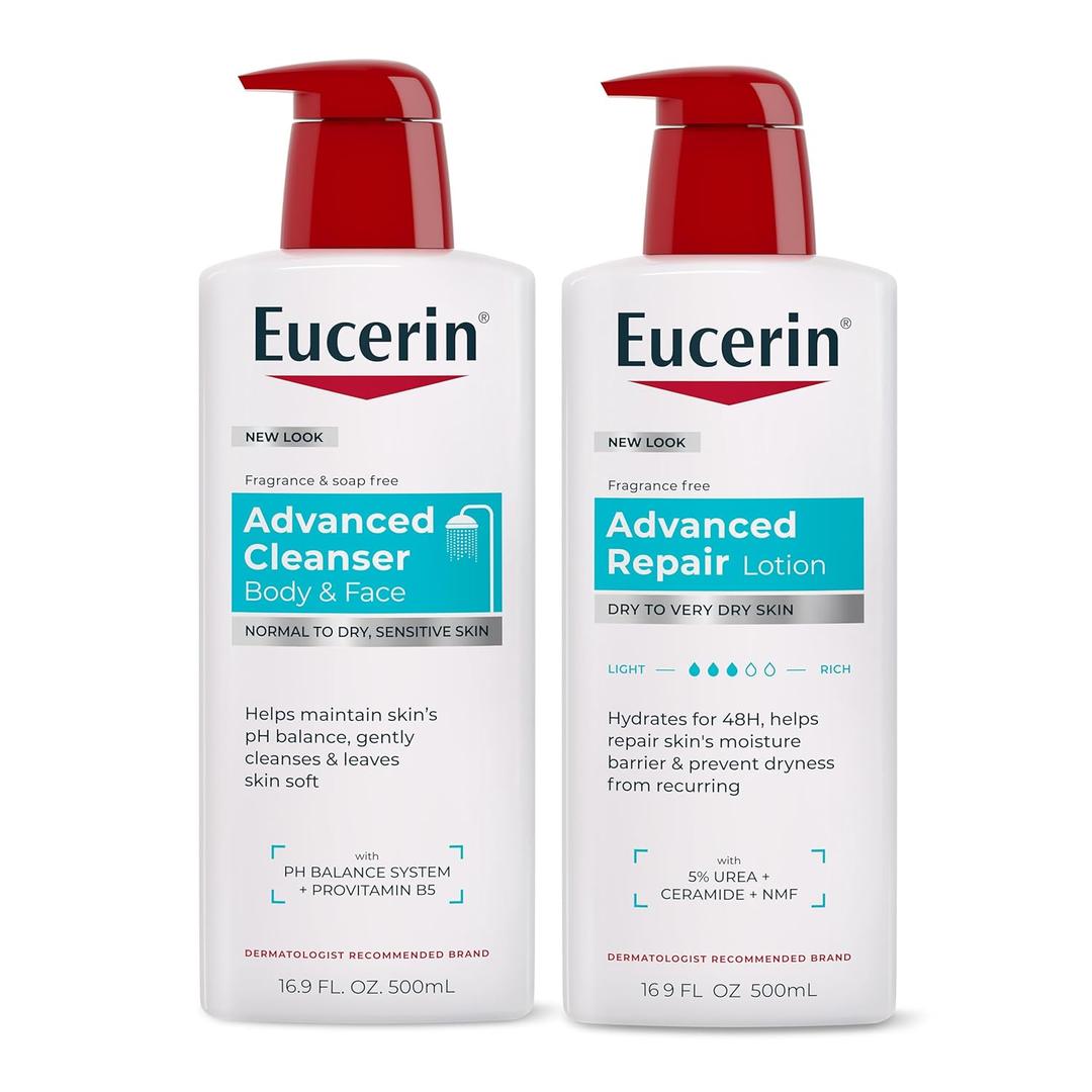 Eucerin Advanced Repair Unscented Body Lotion for Dry Skin (16.9 Fl Oz) + Advanced Cleansing Body and Face Cleanser for Sensitive Skin, Fragrance Free (16.9 Fl Oz)