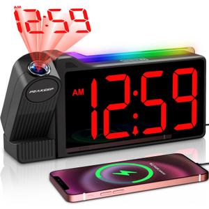 Peakeep Projection Alarm Clock for Bedroom Ceiling 180 Rotatable, Loud for Heavy Sleepers, Colorful Nightlight, 5 Brightness Dimmable Large Number Bedside Electric LED Digital Clock with USB Port