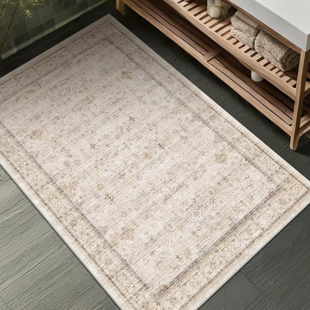 Farmhouse Bathroom Rug 2x3 Beige, Machine Washable Small Non Slip Indoor Entryway Area Rug, Low Pile Thin Neutral Vintage Design for Bedside, Kitchen (Light Sand Beige)