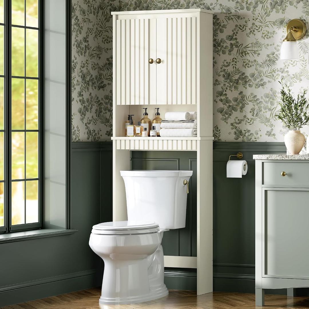 Over The Toilet Storage Cabinet, Over Toilet Bathroom Organizer with Fluted Panel Doors and Soft Hinges, Above Toilet Storage Shelves Behind Toilet Bathroom Organizer (Cream White), 68 inches x 23.62 inches x 7.87 inches
