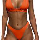 Bathing Suits for Women Deep V Neck Sexy Two Piece Bikini Sets for Women Thong Halter Cheeky Swimsuit (Large, Orange)