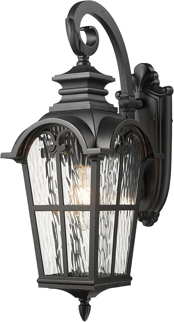 Outdoor Wall Sconce Lights Black Anti-Rust Wall Mount Light with Water Ripple Glass Aluminum Exterior Lights for Garager Doorway and Patio E26 Socket and Waterproof (17.3inch)