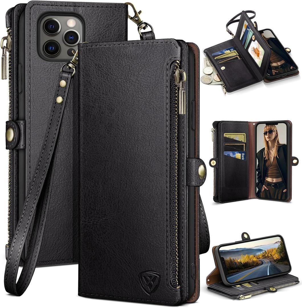 XcaseBar for iPhone 13 Pro 6.1" Wallet case with Zipper Credit Card HolderRFID Blocking, Flip Folio Book PU Leather Phone case Shockproof Cover Women Men for Apple 13 Pro case Black