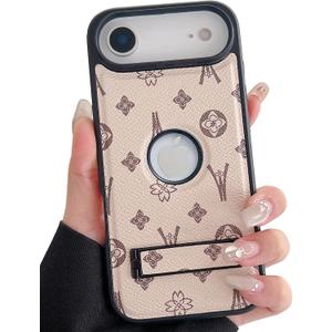 Compatible with iPhone 17 Air Case Luxury Designer Leather for Women Girls,Hybrid TPU+PU Leather with Foldable Stand Shockproof Protective Cover for iPhone 17 Air - 6.5 inch (Beige)
