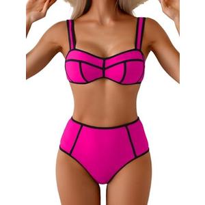 Eomenie Bikini Sets for Women Two Piece Swimsuits High Waisted Color Block Bathing Suits Tie Back Swimwear, Size 2XL
