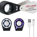 20X Triplet Gem Loupe with LED & UV Light, 22mm Optical Glass, Rechargeable Jewelry Magnifier, Achromatic Aplanatic Lens, Foldable Design for Gemstones, Coins & Stamps