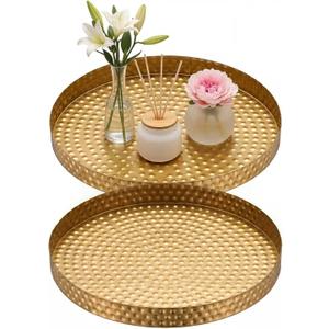 2 Pcs Gold Round Serving Tray 11 Inch Hammered Decorative Iron Tray Kitchen Accessories Plate Vanity Plate Jewelry Dish Key Bowl for Home Decor Bathroom Candle Perfume Countertop