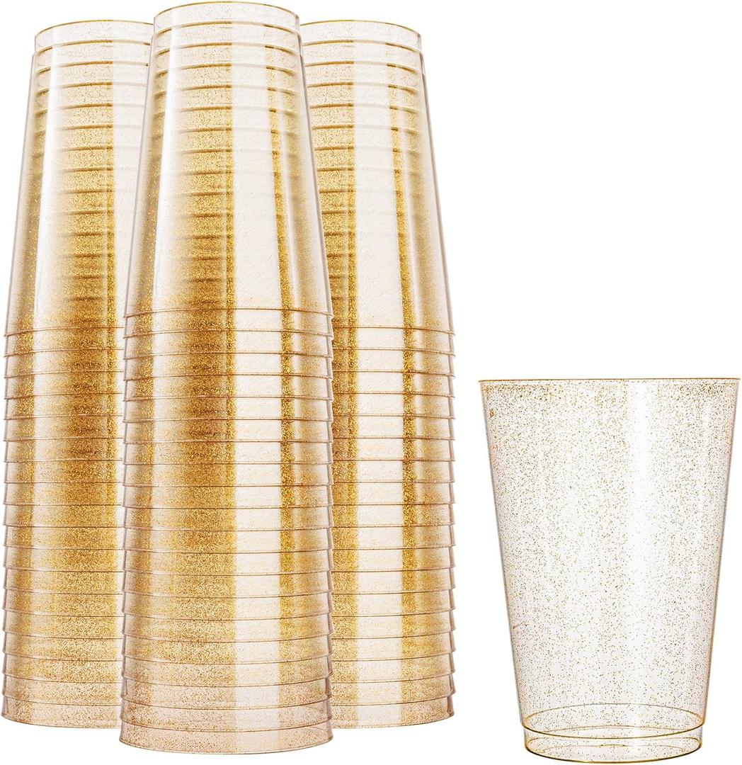 N9R 100PCS 12oz Gold Plastic Cups, Gold Glitter Disposable, Elegant Wedding and Party Cups (Gold Glitter-100PCS)