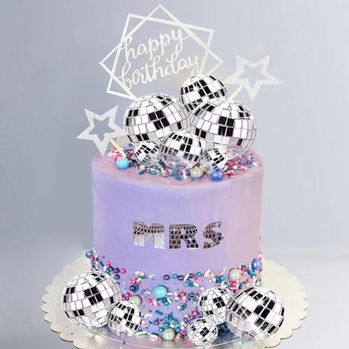 Disco Ball Cake Toppers Silver Disco Balls Cake Decorations with Mirror Balls Happy Birthday Cake Topper and Star Cake Toppers for 70s 80s Disco Music Dance Themed Party Decorations Supplies