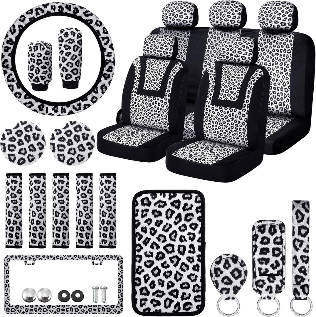 Frienda 24 Pcs Leopard Car Accessories Leopard Car Seat Cover Full Set Cheetah Steering Wheel Metal License Plate Headrest Seat Belt Armrest Pad Handbrake Gear Cover Keyring(White Black)