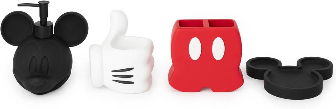 Jay Franco Disney Mickey Mouse Bathroom Organizer Set - 4 Piece Red, Black and White Accessories Includes Resin Soap Dispenser, Soap Dish, Toothbrush Holder and Tumbler - Bathroom Dcor