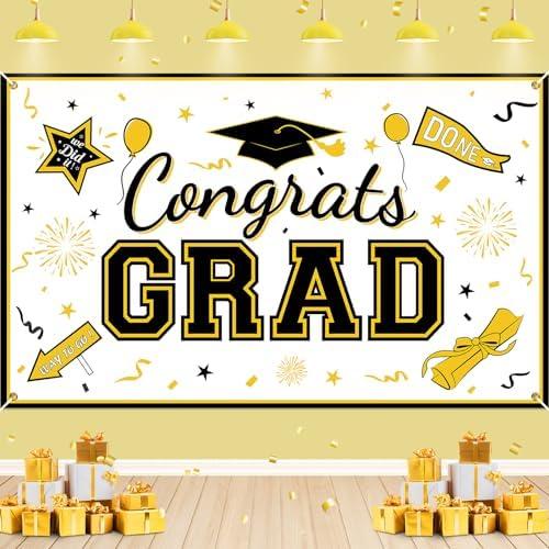 Gold White Graduation Banner Decorations White Gold Black Congrats Grad Banner 2024 White Gold Graduation Party Decorations Class of 2024 Graduation Banner for Graduation Party Supplies 70.8x43.3 in