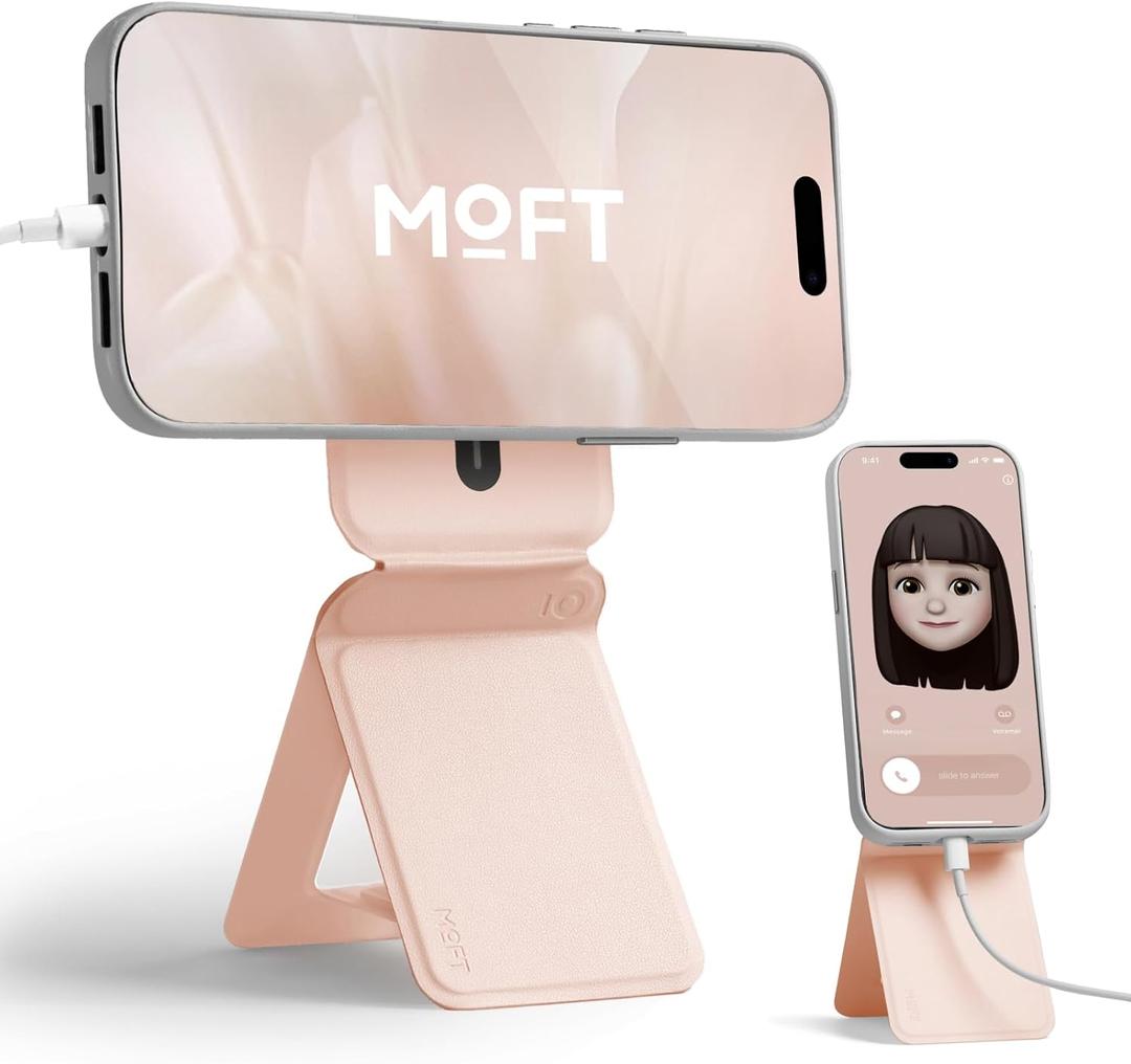 MOFT Phone Stand, Magnetic Phone Tripod Stand Stain-Resistant MOVAS Leather & Angle Adjustment & Strong Magnets Tripod for iPhone 16/15/14/13/12 (Included Metal Ring)-Peach Pink (without Card Slot)