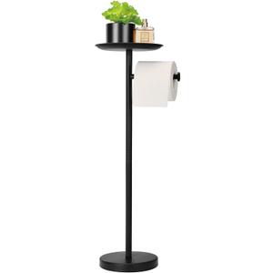 Toilet Paper Holder Stand with Shelf on Top, Black TP Roll Holder Floor Standing, Sturdy Base (Black)