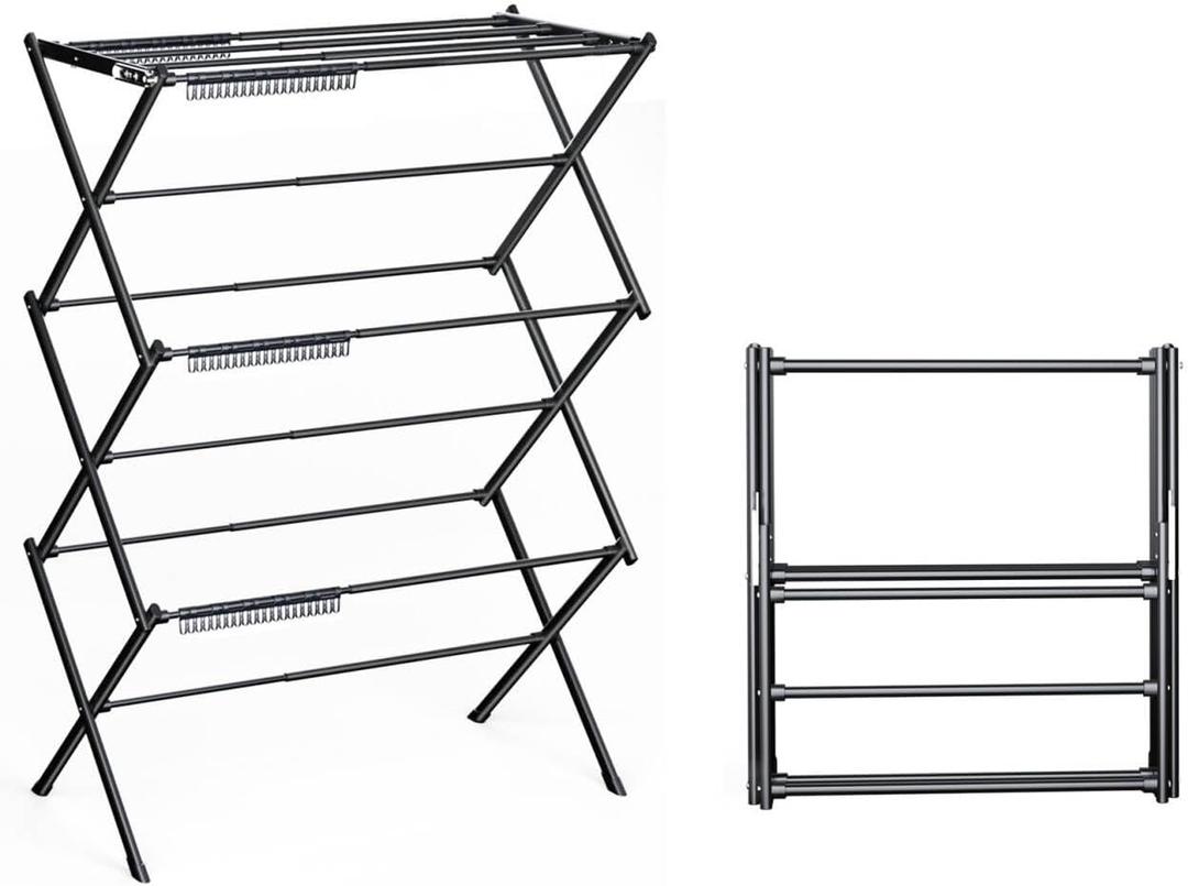 3 Tier Clothes Drying Rack, Foldable Drying Rack Clothing,Indoor & Outdoor Laundry Rack for Drying Clothes,Space-Saving Design,Small Collapsible Portable Dryer Racks for Laundry,Pure Black
