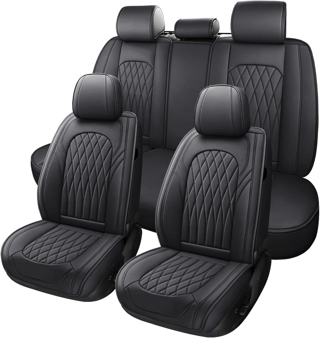 WELLDO Car Seat Covers Full Set, Leather Seat Covers for Cars, Car Seat Protector Waterproof, Non-Slip Car Interior Covers Full Set Universal Automotive Seat Covers for Most Cars SUVs, Black