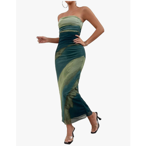 Floerns Women's Graphic Print Strapless Tube Mesh Split Thigh Bodycon Long Dress, Size XL