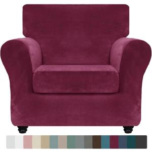 ZNSAYOTX Luxury Velvet Chair Slipcovers with Arm 2 Piece Stretch Chair Covers for Living Room Thick Soft Armchair Slipcover Anti Slip Dog Pet Friendly Furniture Protector (Wine Red),30"-47"(1 CUSHION)