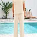 BTFBM Women Summer 2 Piece Sets Airport Outfits Ruffle Cap Sleeve Quarter Zip Top Wide Leg Pants Lounge Set Tracksuits, S 