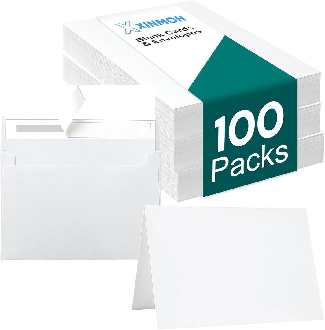 100 Pack White Blank Cards and 100 Pack Envelopes 4x6, Note Greeting Cards and Envelopes Set, Folded Cardstock with Self-Seal Envelope for DIY Greeting Thank you Cards, Invitations in All Occasions