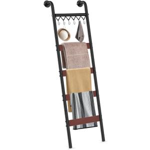 Wooden Blanket Ladder, Wall-Leaning Blanket Rack, 5 Tier Ladder Shelf, 5.6 ft Blanket Holder, Decorative Display Ladder Shelf for Storage and Home Decor, Rustic Brown and Black