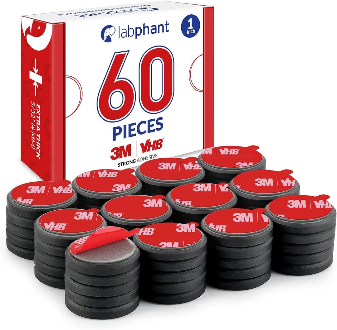 Ceramic Magnets with Adhesive Backing, 60 Pieces Disk Magnets  1 inch x 5/32 inch Thickness  25 x 4 mm with 3M VHB Adhesive Peel & Stick for DIY, Art Projects or whiteboards & Fridge Organization