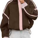 Aimiray Fleece Jackets Women Long Sleeve Zip Up Stand Collar Sherpa Jackets Warm Soft Trendy Teddy Outerwears with Pockets (Brown, L)