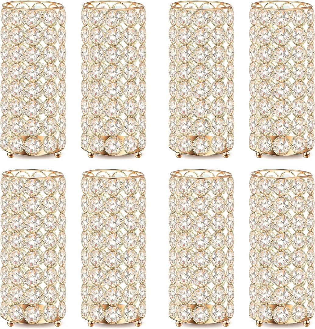 8 Pcs Gold Crystal Flower Vase and Pillar Candle Holder Set, 7.87" Metal Cylinder Stand for Wedding Table Centerpieces, Flower Arrangements, Christmas Party, Event Decor, and Gifts