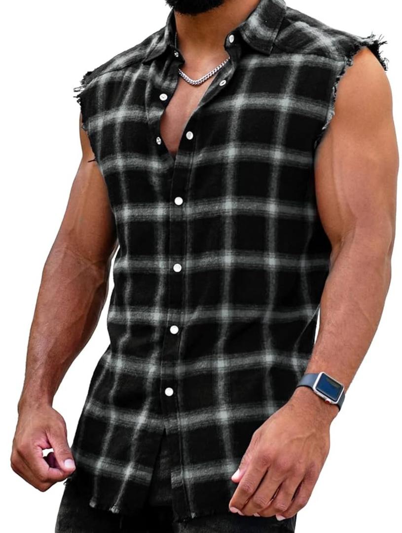 Mens Sleeveless Flannel Shirt Plaid Casual Button Down Shirts Vest, XL