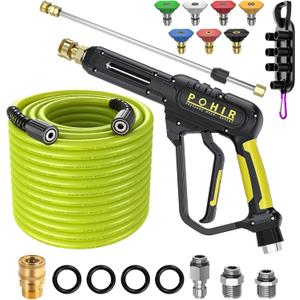 POHIR Pressure Washer Gun and Hose 3600 PSI, Pressure Washer Hose 50ft and Gun, 3/8" Quick Connect Swivel, M22 15mm/14mm Fittings, 30" Extension Wand & 7 Nozzle Tips - for Home & Outdoor Cleaning (50ft Full Set, Green)