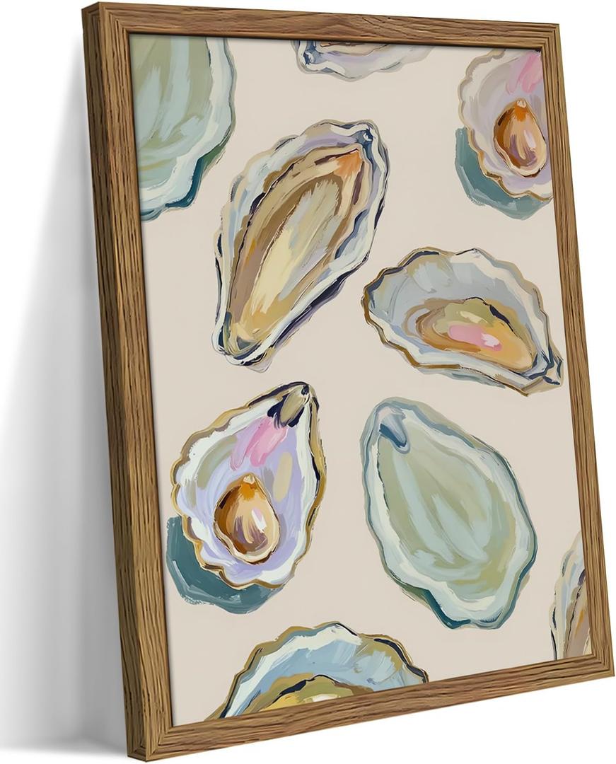 Framed Oyster Shell Canvas Wall Art, Colorful Abstract Wall Art Print, Coastal Beach House Wall Decor, Summer Dining Room Picture Poster, Modern Kitchen Oyster Oil Painting Artwork 12x16 inch