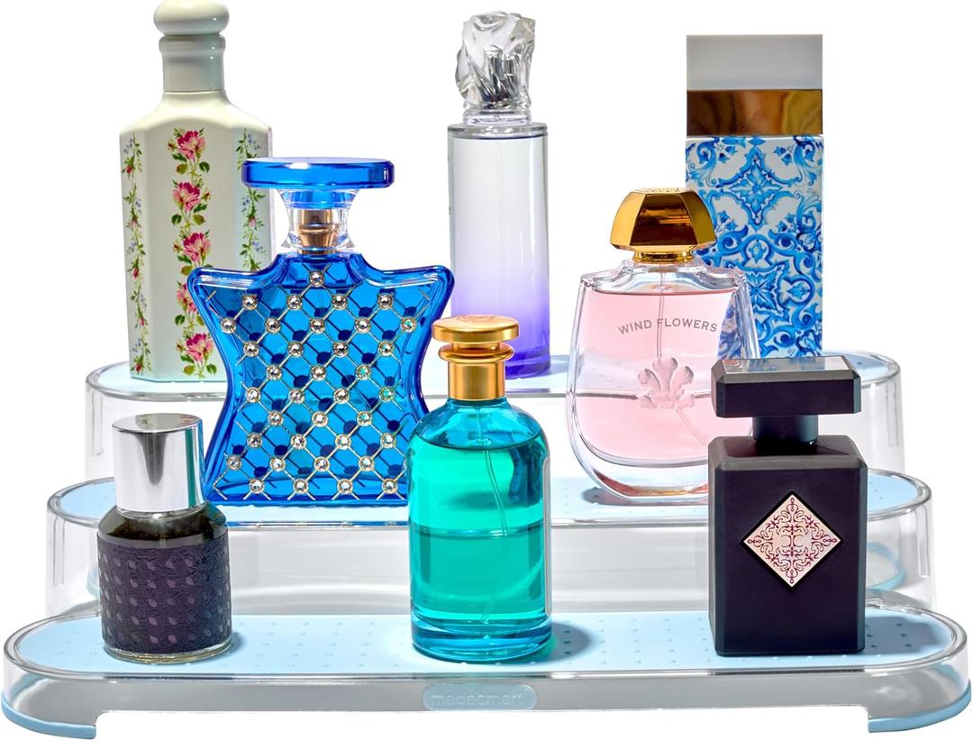 madesmart Shelf Organizer, 3 Tier Bathroom Counter Storage for Perfumes, Makeup, Lotions & Toiletries, Soft-Grip Lining & Non-Slip Base,