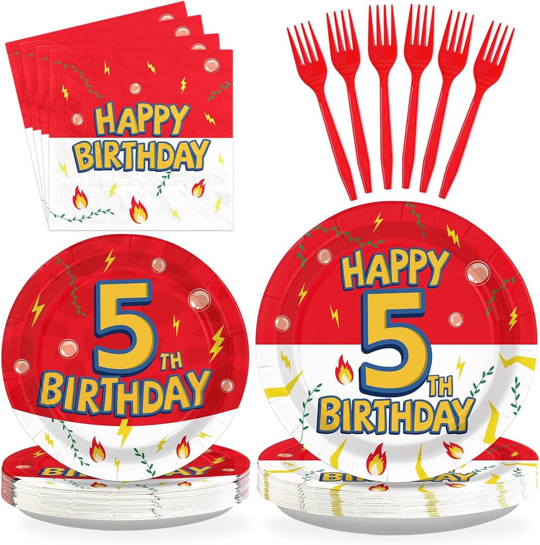 Grencian 96Pcs 5th Cartoon Happy Birthday Party Supplies Red and White Paper Plates and Napkins Tableware Sets Large Anime Themed Decoration for Birthday Cartoon Kids Children Party Serves 24
