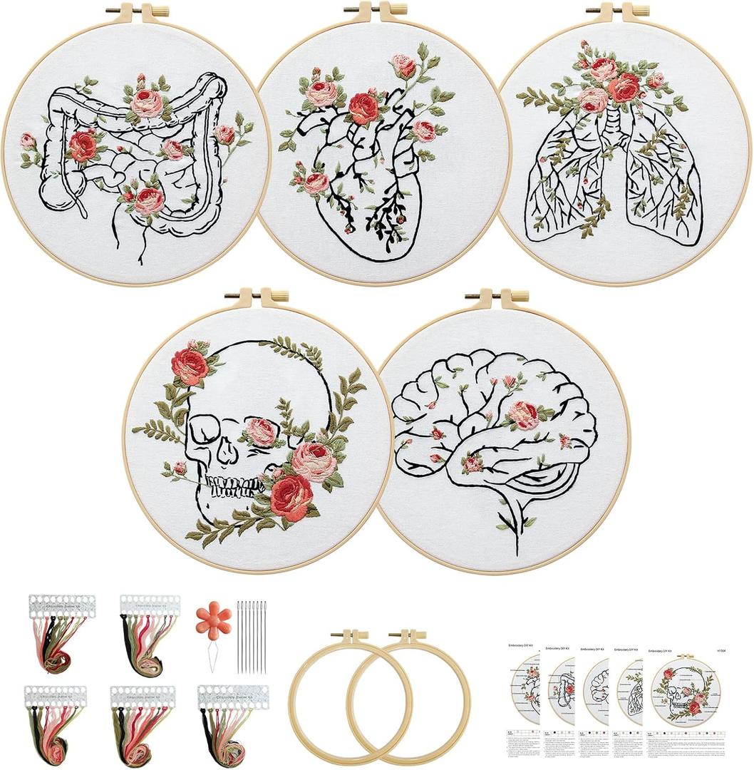 5 Sets Skull Embroidery Kits for Beginners Adults, Anatomy Embroidery Starter Kit for Doctors Nurses Christmas Gifts with Floral Stamped Pattern DIY Needlepoint Kit Cross Stitch Set Includes 2 Hoops (organ)