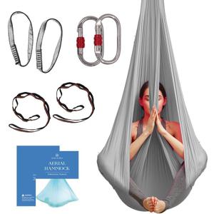 Aerial Silk Yoga Hammock & Swing for Home, Inversion Exercises, Starter Kit for All Levels - Durable with Extension Straps, Carabiners, and Pose Guide (4.5 yards, Silver)