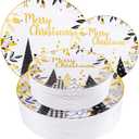 WDF 50 Pieces Christmas Plates Plastic - Black and Gold Plates with Christmas Tree include 25 Dinner Plates, 25 Salad Plates-Heavy weight Gold Disposable Plates for Christmas