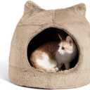 Catstages Meow Hut, Covered Cat Bed Cave for Indoor Cats, Cozy Enclosed with Removable Cushion, 16” x 15” x 15”, For Small Pets Up to 15 lbs, Tan, Small