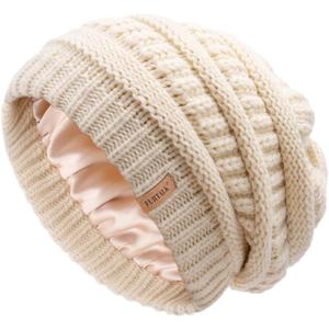 FURTALK Womens Satin Lined Knit Beanie Slouchy Winter Hats Skull Soft Warm Cap (Beige)