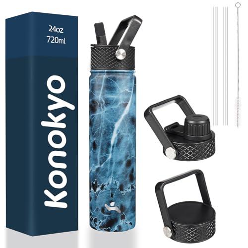 Konokyo Insulated Water Bottle 24oz Stainless Steel Sport Bottles with 3 Lids,Marble Ocean