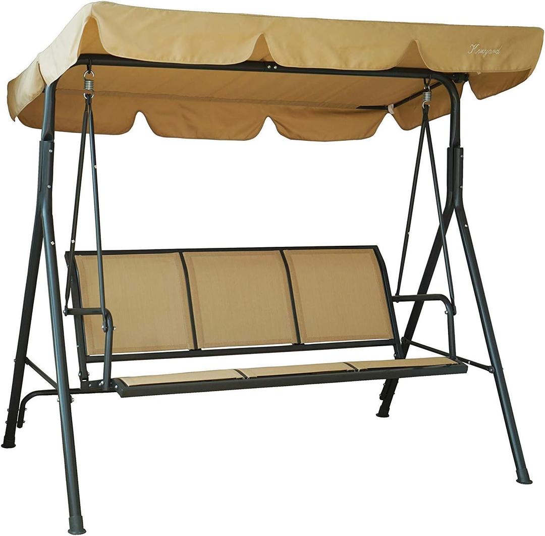 Kozyard Outdoor Patio Swing Chair w/Textilene Breathable 3-Person Armrest Seat, Canopy Porch Swing w/Adjustable Shading, Heavy-Duty Powder-Coated Swing Sets for Backyard, Poolside, Balcony (Beige)