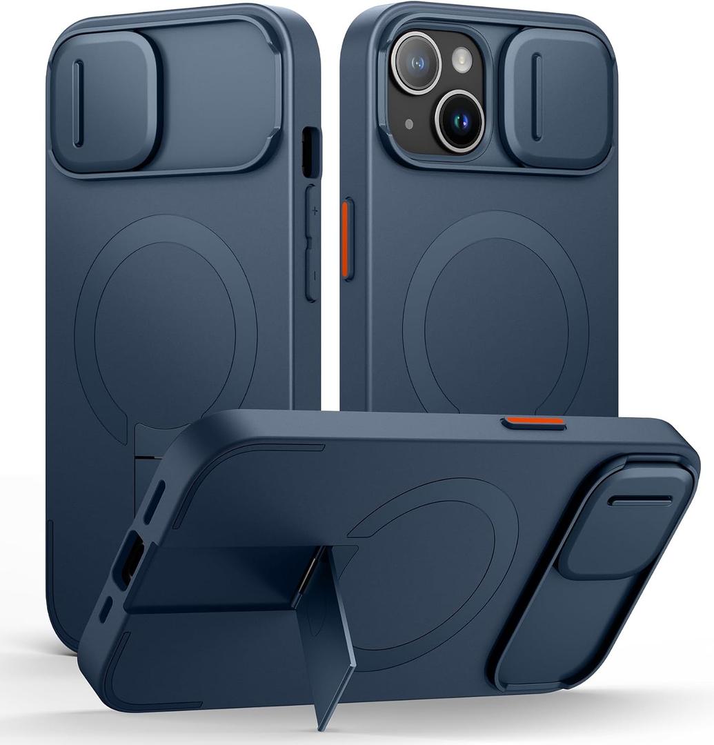 SURITCH for iPhone 13/14 Case with Magnetic Camera Slide Cover and Adjustable Kickstand, Compatible with MagSafe, Shockproof Bumper Case Slim Protective Cover for iPhone 13/14 6.1 Inch, Blue