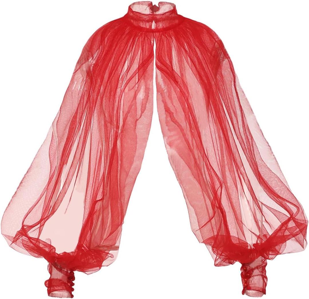 Women's Sexy Batwing Long Sleeves Sheer Shirt See Through Mock Neck Irregular Tops Front Back Split Shawl (Red)