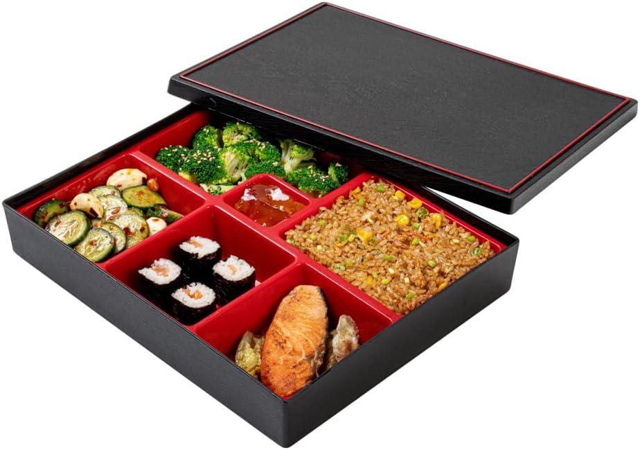 Restaurantware-12.2 x 9.8 x 2.4 Inch Compartment Lunch Container, 1 Japanese Style Adult Lunch Container - With 6 Compartments, Greaseproof, Black & Red Plastic Divided Lunch Box, Hot & Cold Food (Large)