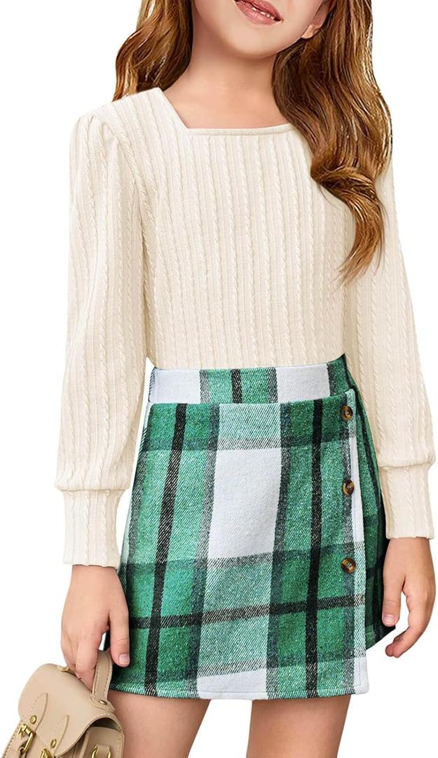 Haloumoning Girls Skirt Sets Fall Outfits Jacquard Long Sleeve Tops Plaid Skirts Shorts 2 Piece Clothing Sets 7-8Y (Green)