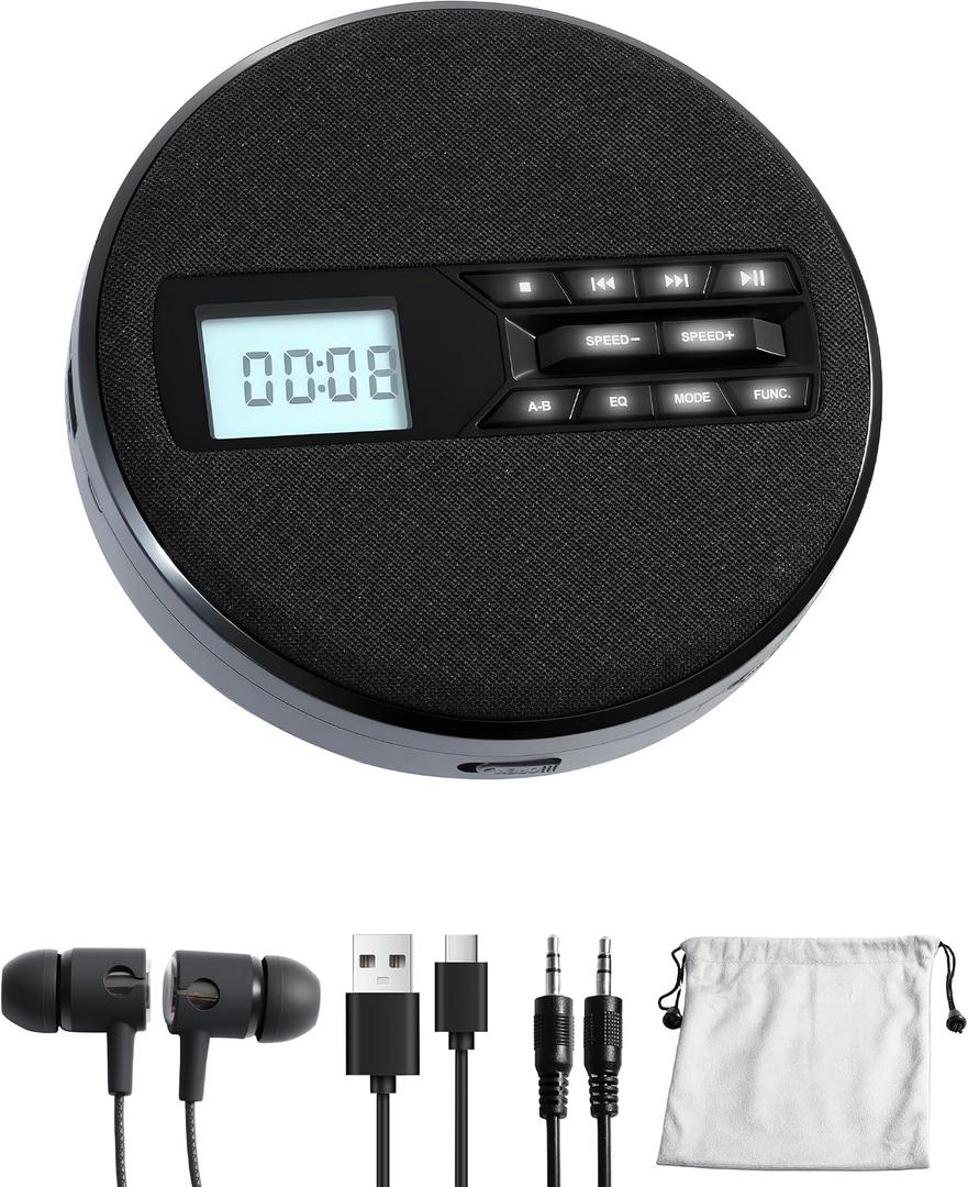 CD Player Portable with Speakers - Rechargeable Personal CD Player for Car and Home, Small Fabric Music Player with Backlit Display, Anti-Skip, AUX/USB Port - Ideal for Audiobooks & Gifts