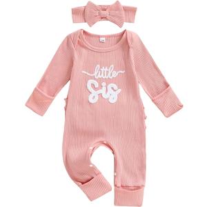 allshope Infant Baby Girl Fall Outfit Sweatshirt Romper Little Sister Lil Sis Long Sleeve Jumpsuit Newborn Clothes (Waffle Little Sis Pink, Newborn)