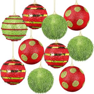 12 Pcs Christmas Tree Ball Ornament 3.15 Inch Red Green Glitter Lime Green Christmas Foam Ball Ornaments with Ropes Christmas Tree Hanging Baubles Decorations for Tree Xmas Decor Party Holiday
